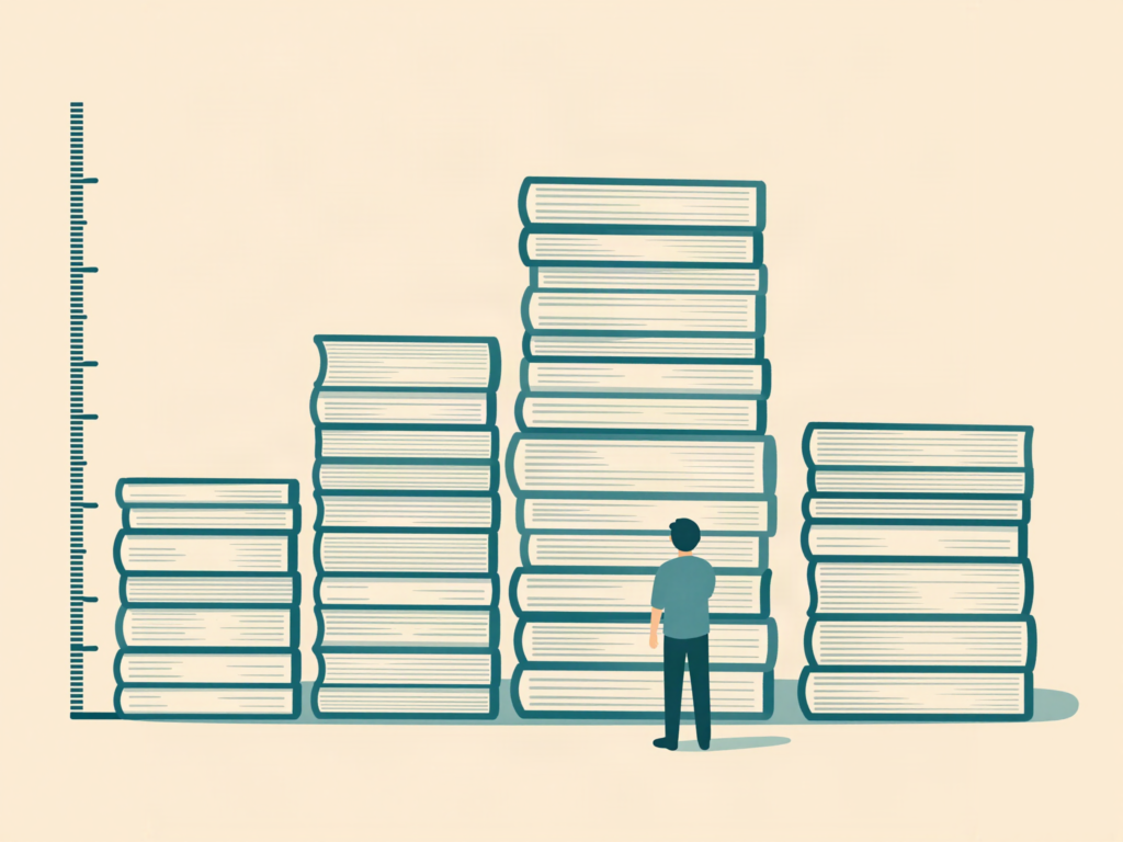 أربع أكوام من المستندات بارتفاعات مختلفة بجانب مسطرة قياس